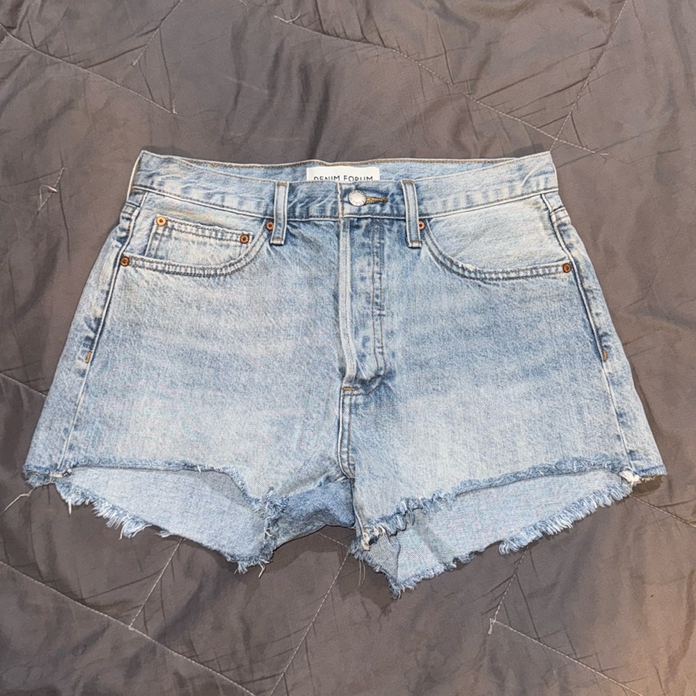 Denim Forum Light Blue Distressed High-Rise Jean Shorts